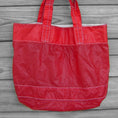 Load image into Gallery viewer, Red Water Resistant Tote Upcycled Parachute Slider with Warning Label
