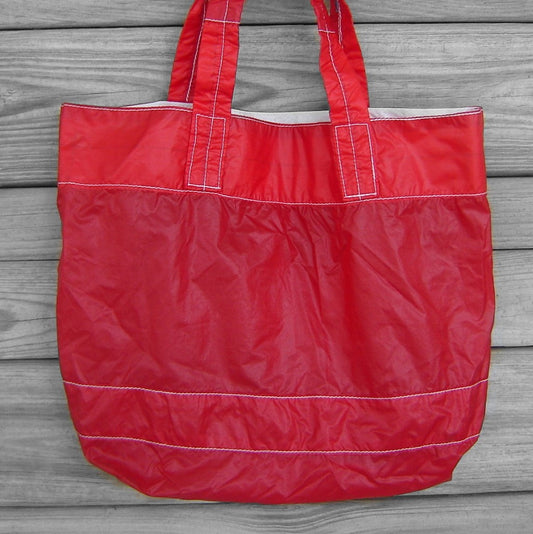 Red Water Resistant Tote Upcycled Parachute Slider with Warning Label