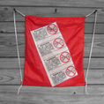 Load image into Gallery viewer, Red Upcycled Parachute Drawstring Backpack Warning Labels
