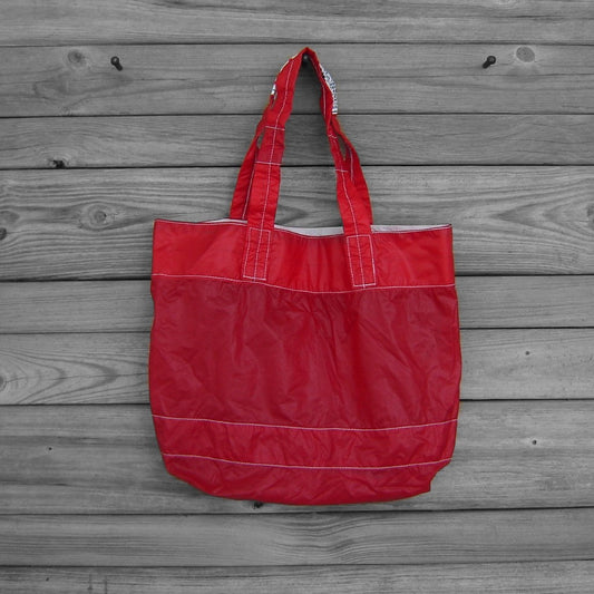 Red Water Resistant Tote Upcycled Parachute Slider with Warning Label