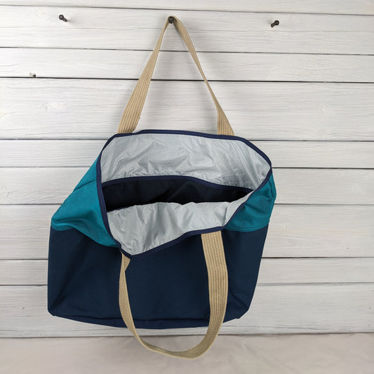 Large Cordura Tote Teal and Navy with Tan Handles