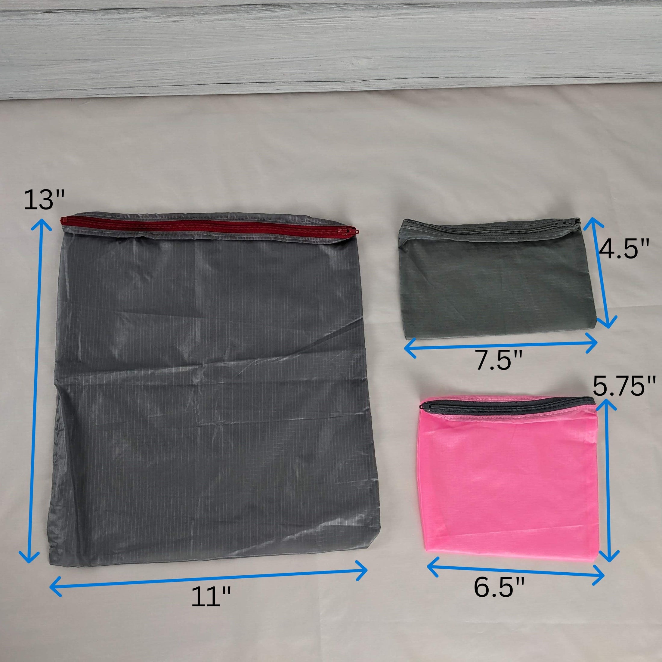 Silky Ripstop Zipper Pouches: One Pink, Two Gray