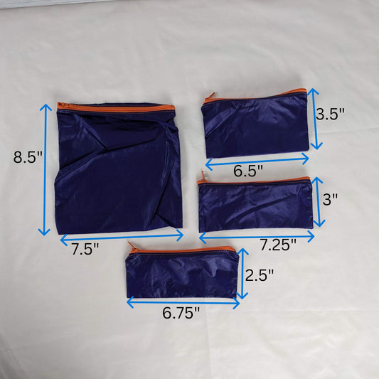 Four Purple Silky Ripstop Zipper Pouches with Orange YKK Zippers