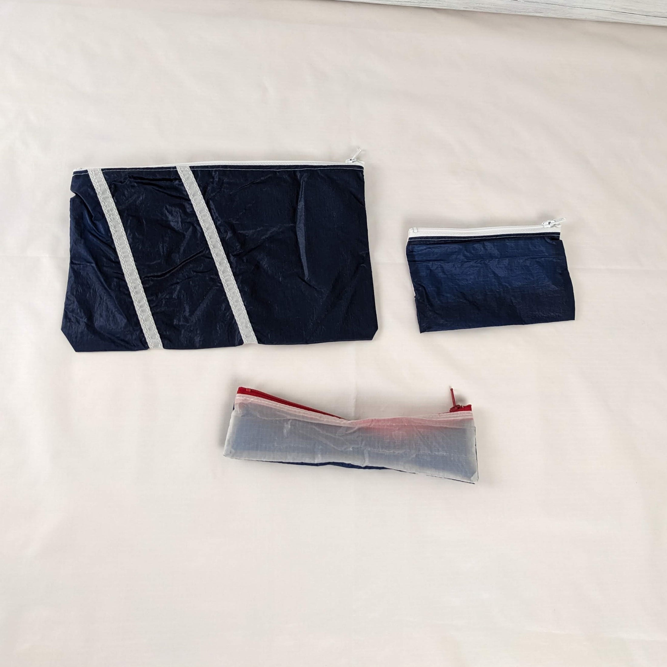 Three Navy and White Repurposed Parachute Zipper Pouches