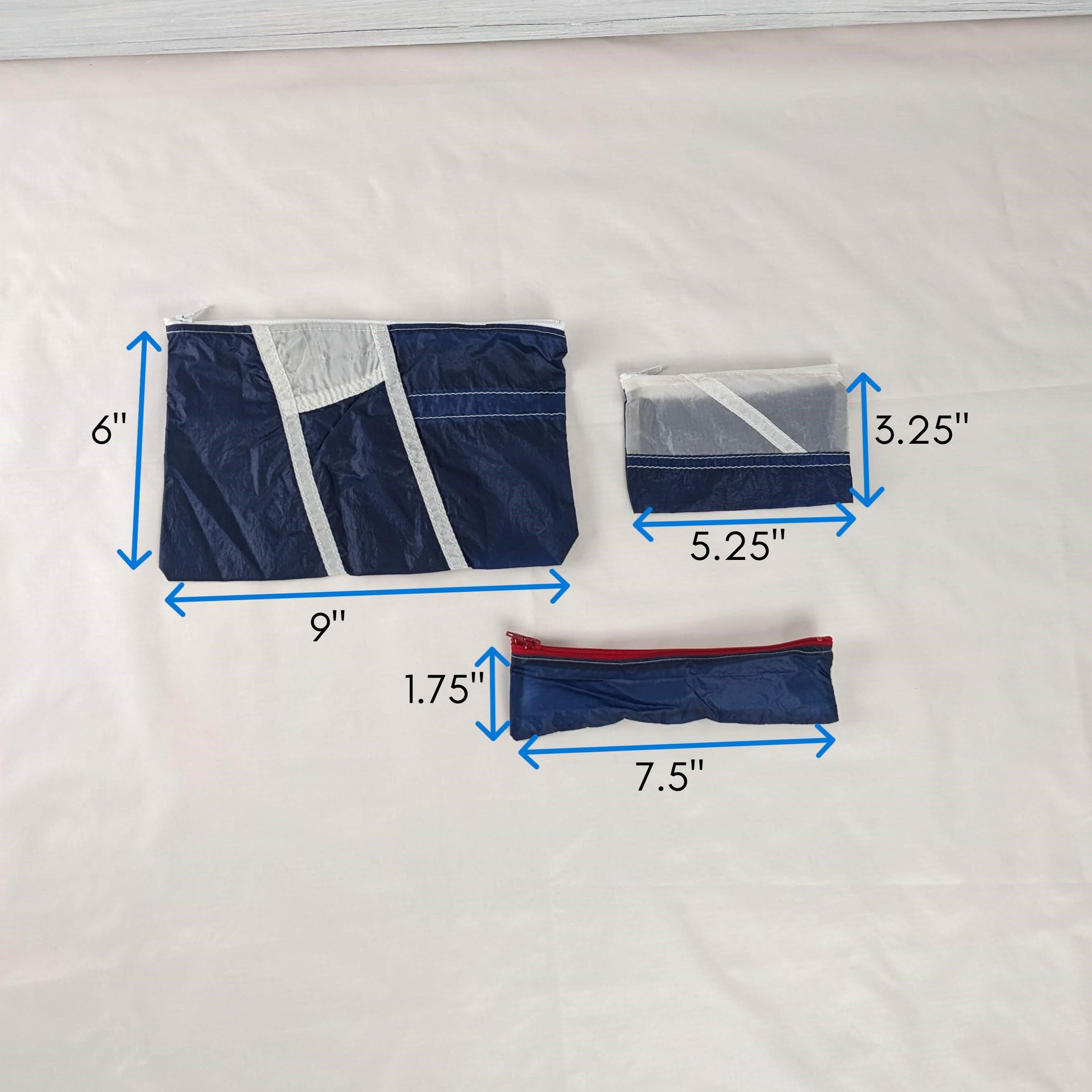 Three Navy and White Repurposed Parachute Zipper Pouches