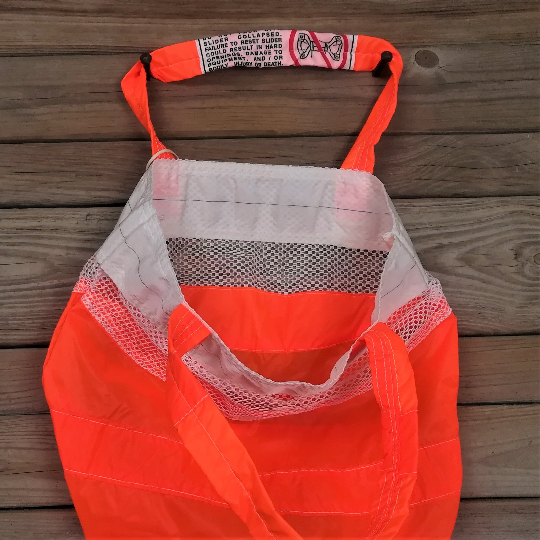 Tote Bag Neon Orange Zero Porosity Ripstop Nylon Katana Slider with Warning Label