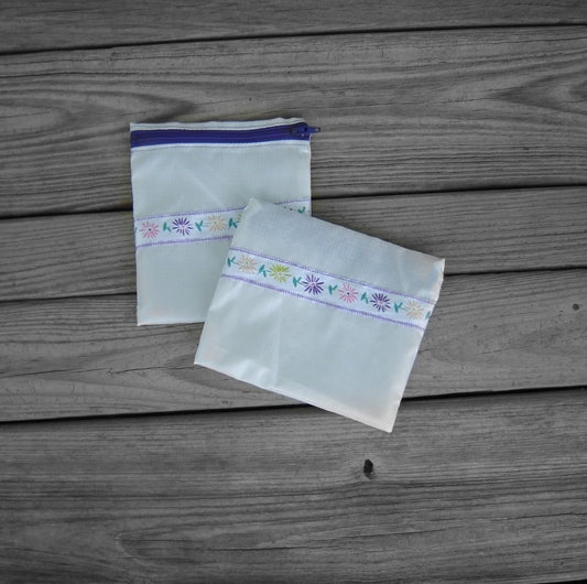 Two Silky White Ripstop Zipper Pouches with Flower Ribbon and Purple Zippers