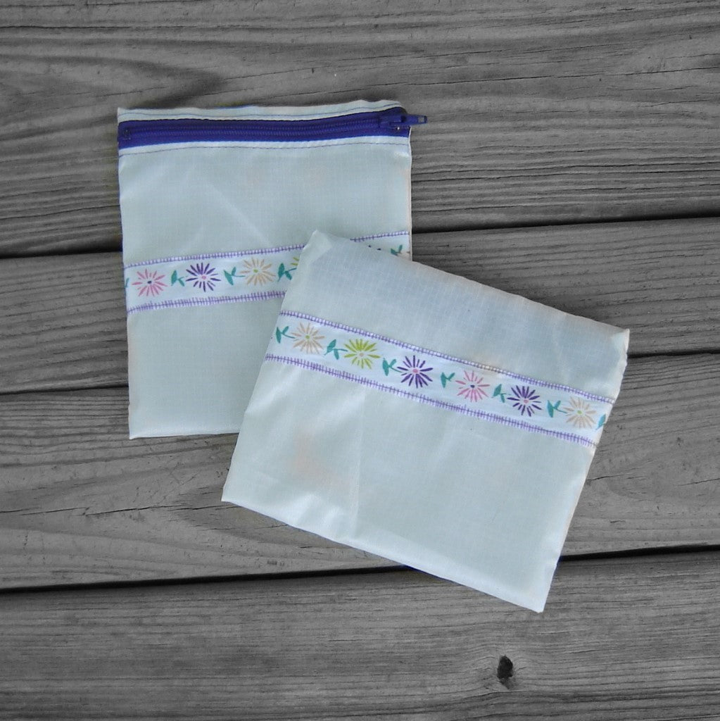 Two Silky White Ripstop Zipper Pouches with Flower Ribbon and Purple Zippers